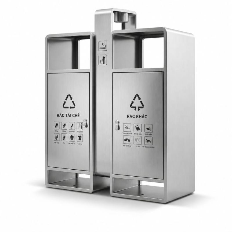 Thùng rác inox đôi gạt tàn đế cao HTI2N63-GTI 